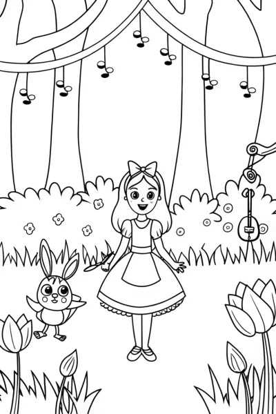 Alice and the Magical Forest Coloring Page