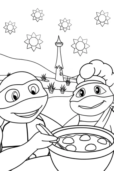 Leonardo cooking with a mushroom chef