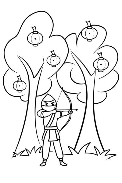 Ninja practicing archery in a magical orchard