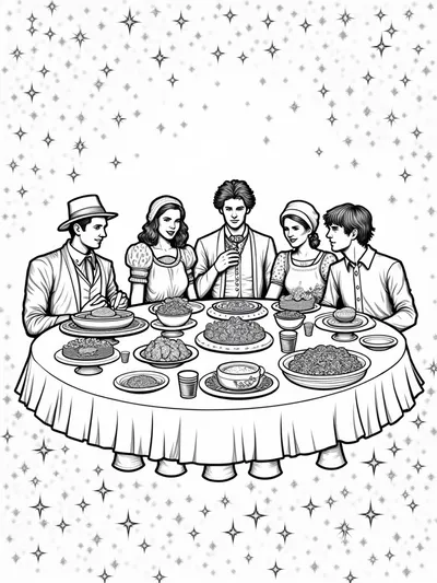 Time travelers’ feast coloring page