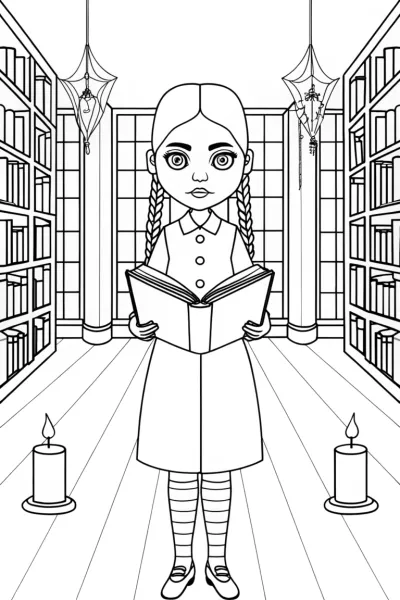 Wednesday Addams in a spooky library
