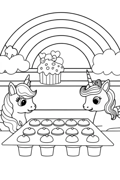 Unicorns baking in a rainbow bakery