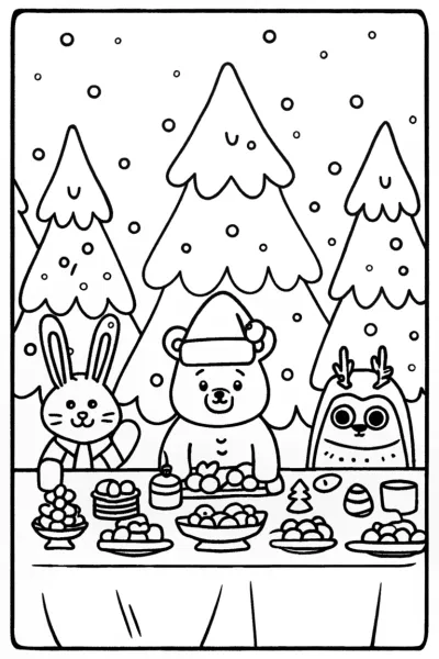Christmas Feast of Forest Friends Coloring Page