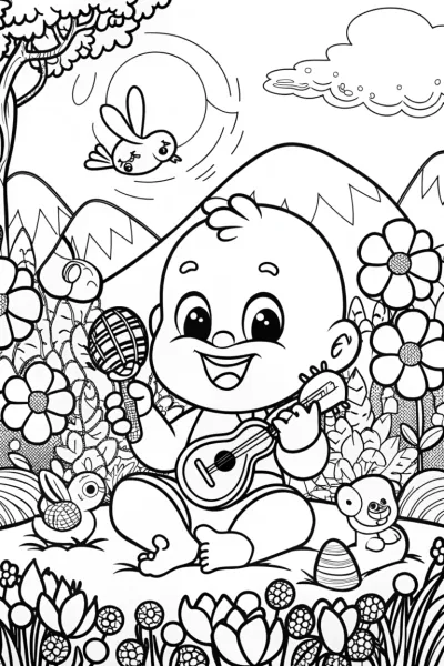 Baby’s Musical Garden Adventure Coloring Page