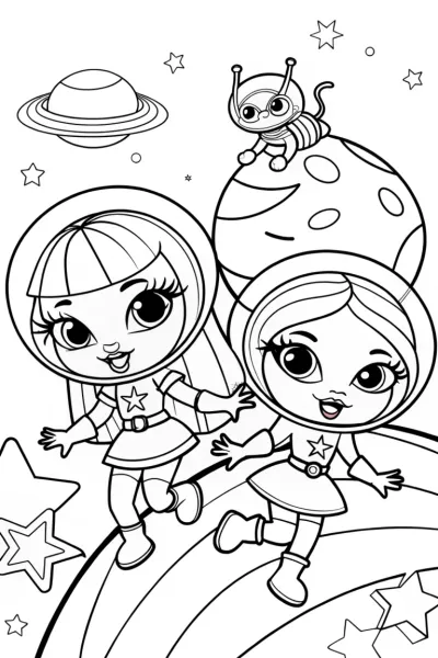 Bratz Fashion Icons on a Cosmic Adventure Coloring Page