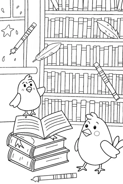 Chickens in a Cozy Library Coloring Page