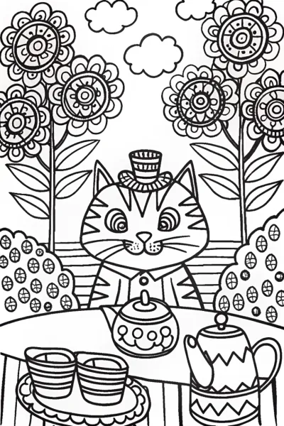 Whimsical cat’s tea party in the garden