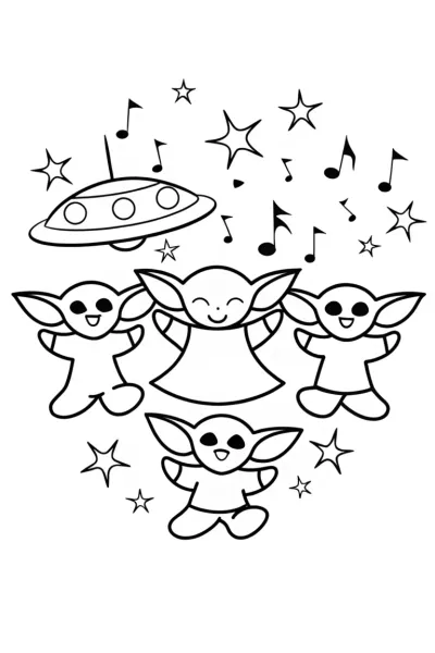 Baby Yoda’s Cosmic Dance Party Coloring Page