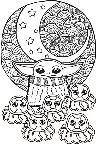 Baby Yoda’s Starry Sleepover Coloring Page