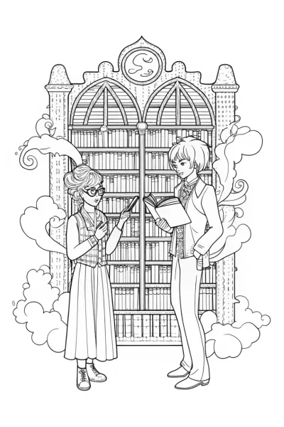 Guardians of the Enchanted Library Coloring Page