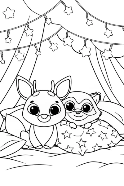 Woodland Sleepover with Deer and Raccoon Coloring Page