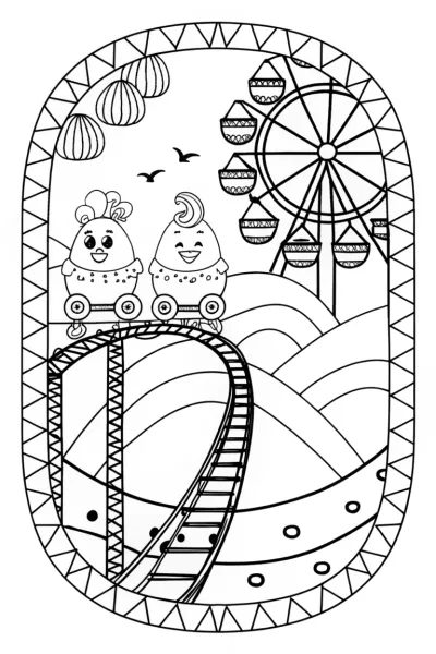 Chickens on a Rollercoaster Adventure Coloring Page