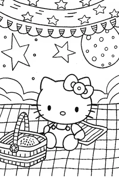 Hello Kitty’s Starry Night Picnic Coloring Page