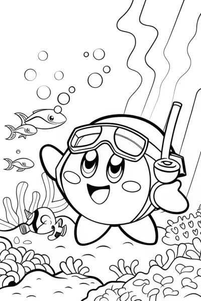 Kirby’s Underwater Treasure Hunt Coloring Page