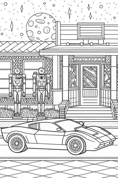 Lamborghini in a Retro Sci-Fi Diner Coloring Page