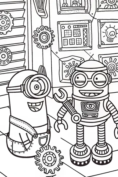 Minion’s Quirky Robot Workshop Coloring Page