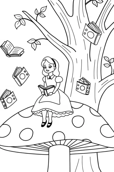 Alice’s Magical Library Coloring Page