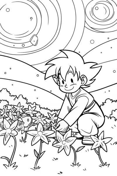 Goku and the Galactic Garden Coloring Page