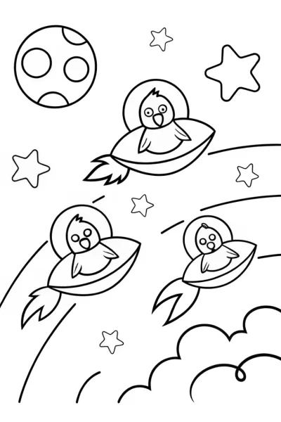Chickens in a Cosmic Adventure Coloring Page