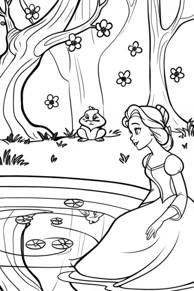 Belle by the Magical Pond Coloring Page