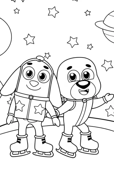 Bluey and Bingo ice skating in space