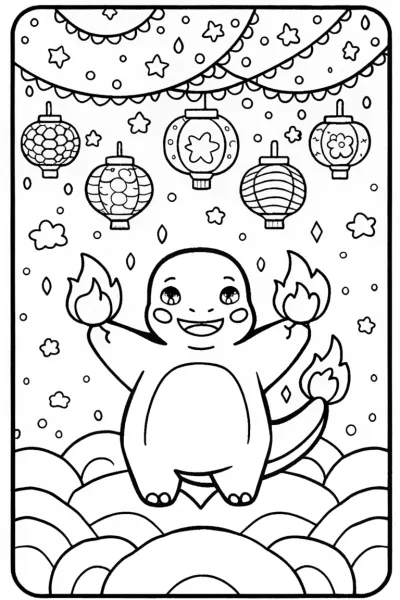Charmander’s Magical Lantern Festival Coloring Page