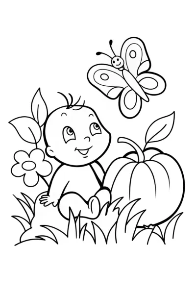 Baby’s whimsical garden quest coloring page