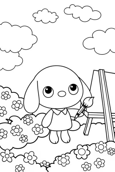 Cinnamoroll painting flowers in clouds
