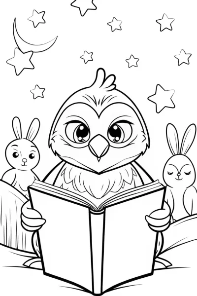 Owl reading with rabbits stargazing