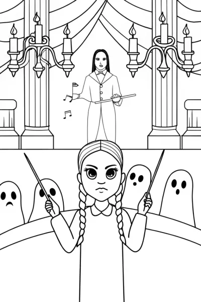 Wednesday Addams conducting a ghostly orchestra