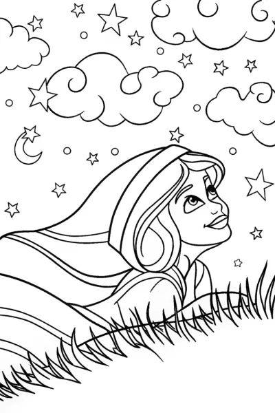 Jasmine and the Dreamy Starry Night Coloring Page