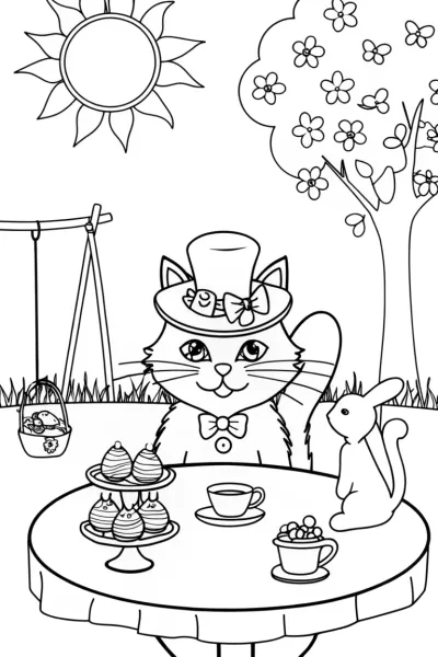 Whimsical Cat’s Tea Party with a Bunny Friend