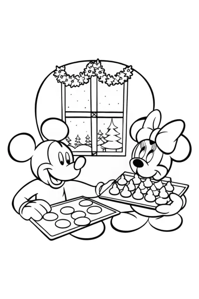 Mickey and Minnie Christmas Baking Coloring Page