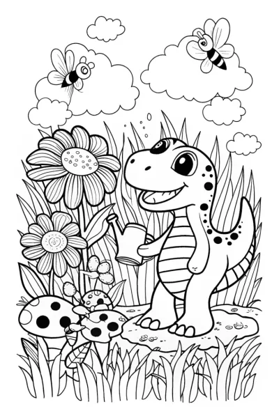 Dino Gardening Delight Coloring Page
