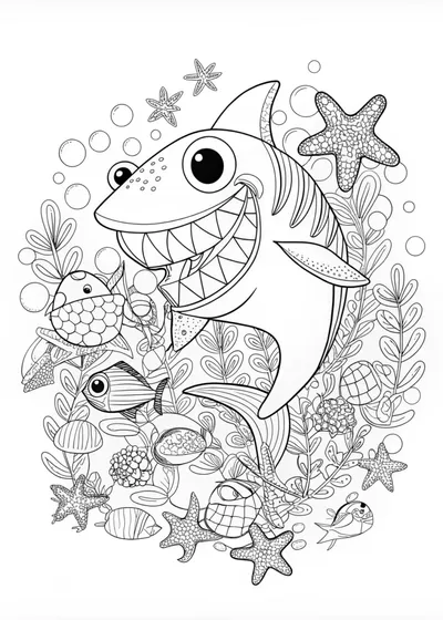 Smiling Shark in the Ocean Coloring Page