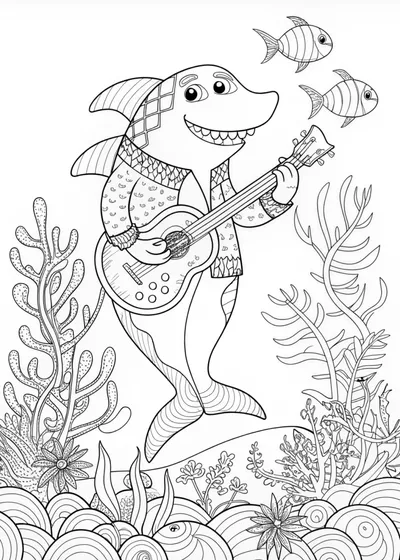 Rockin’ Shark with Guitar Coloring Page