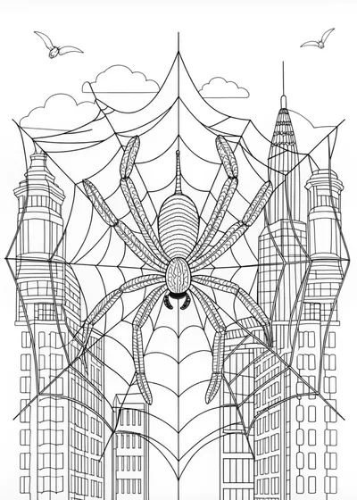 Giant Spider Over the City Coloring Page