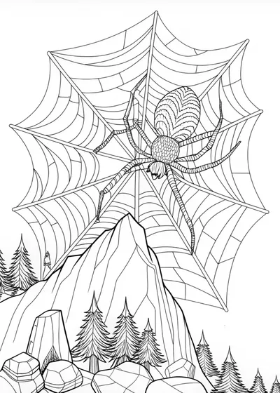 Spider in the Forest Web: A Mountainous Coloring Adventure