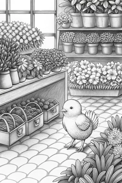 Chick running a flower shop
