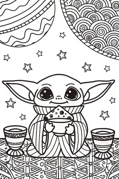 Baby Yoda’s Celestial Tea Party Coloring Page