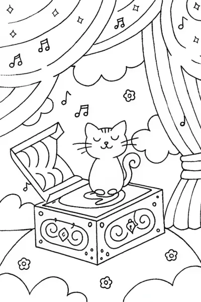 Serenade the Cat and the Enchanted Music Box Coloring Page