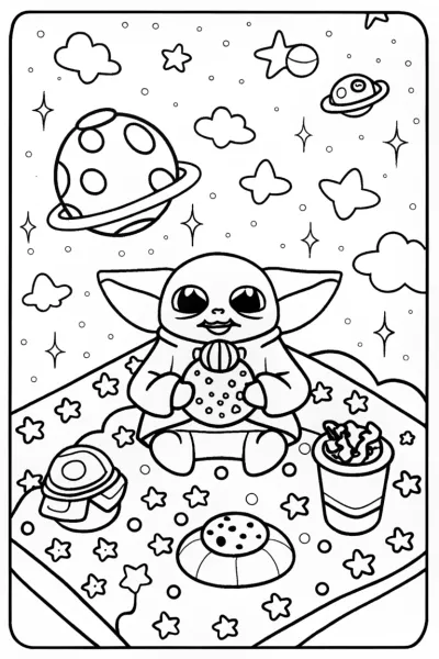 Baby Yoda Cosmic Picnic Coloring Page
