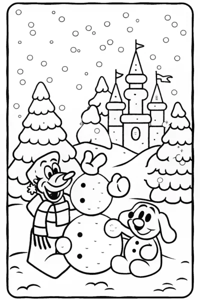 Goofy and Pluto Snow Castle Coloring Page