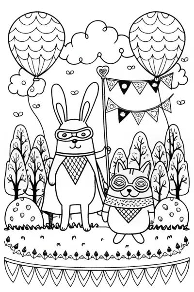 Superhero pets on parade coloring page