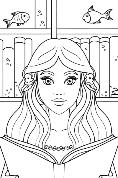 Mermaid’s Enchanted Library Coloring Page