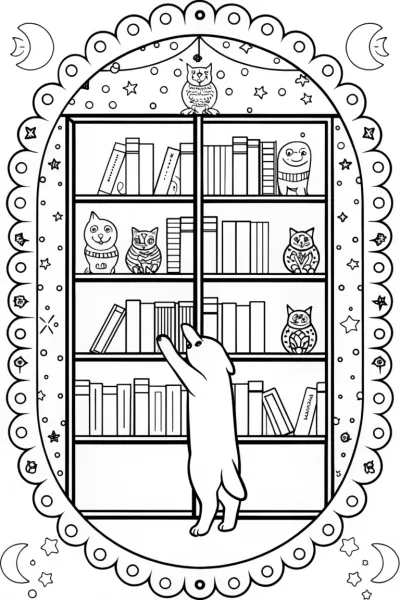 Puppy in the Dreamy Library Coloring Page