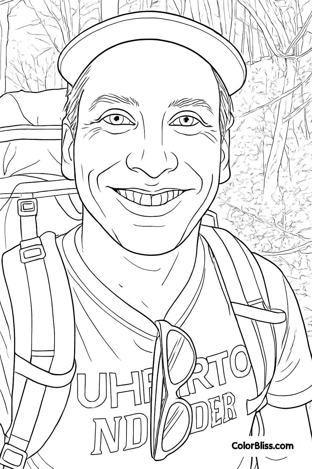 A default style coloring page of Ben backpacking in the mountains