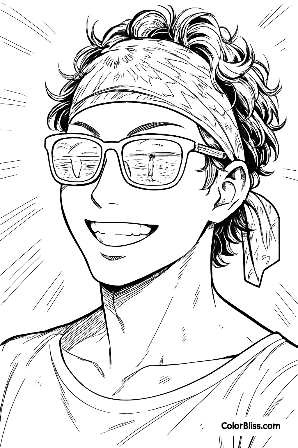 A manga style coloring page of Ben at the beach with a big smile on his face
