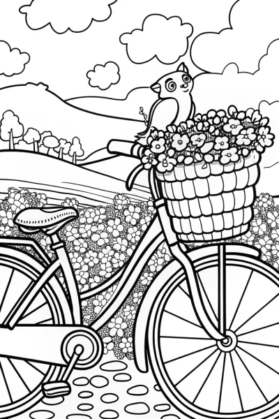 Whimsical Bicycle with Squirrel and Bird Coloring Page
