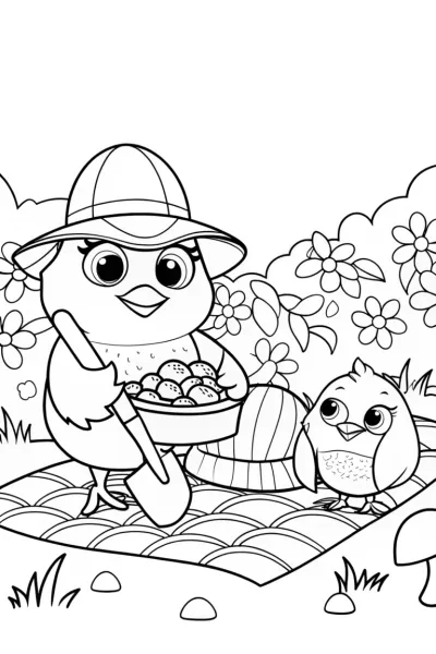 Chickens on a whimsical treasure quest coloring page